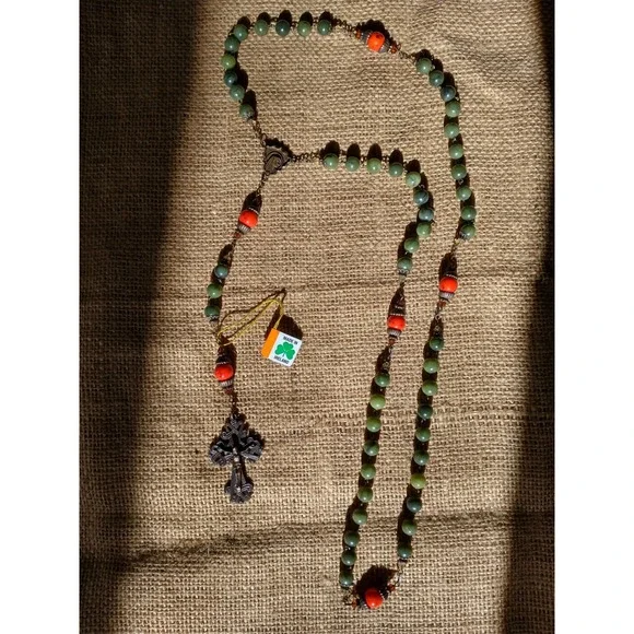Connemara Marble Rosary Beads Green Orange Celtic Cross Necklace Made in Ireland - Picture 2 of 9